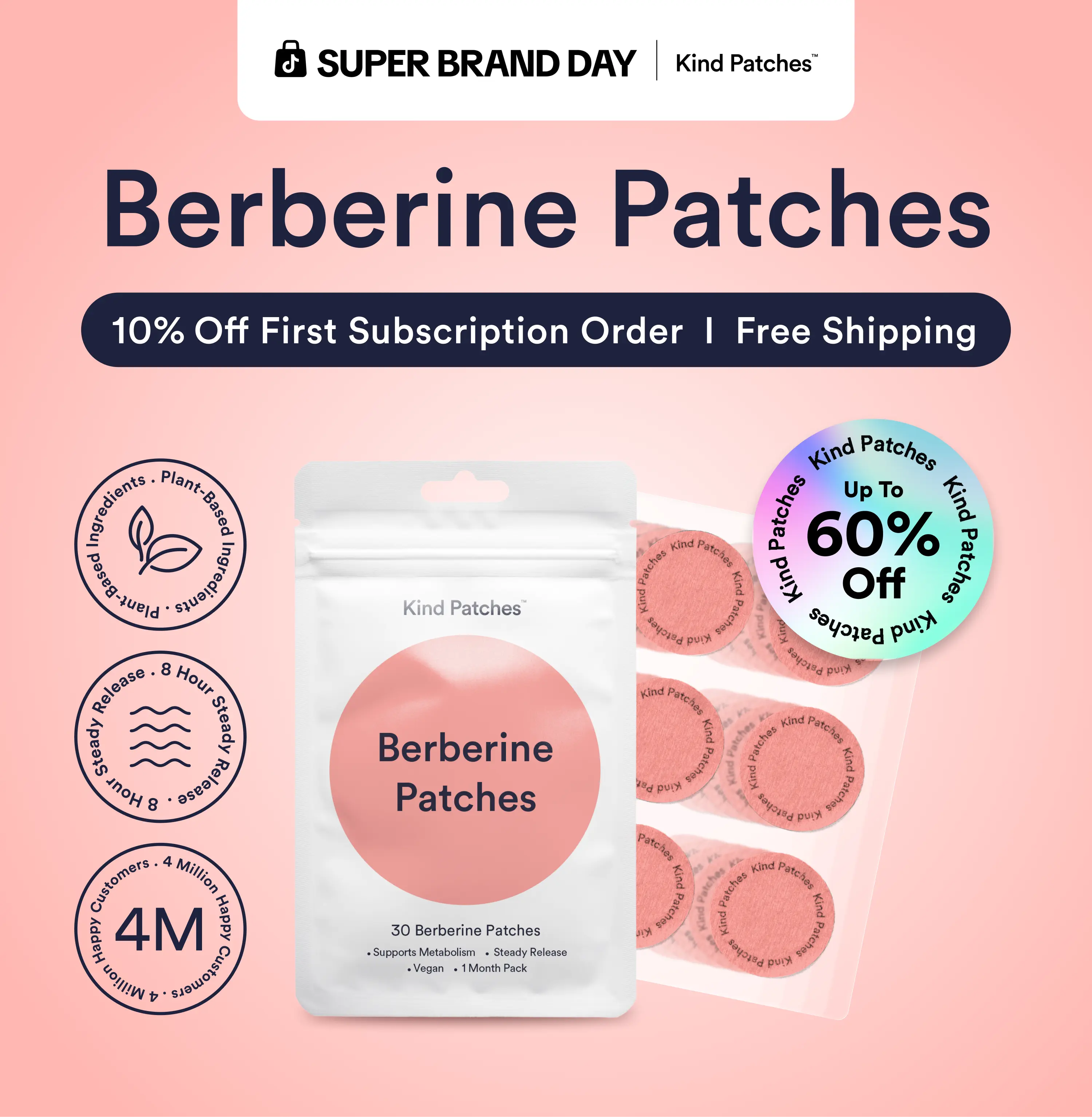 Kind Patches: 30 Berberine Patches, Steady Release, Vegan, 1 Month Pack