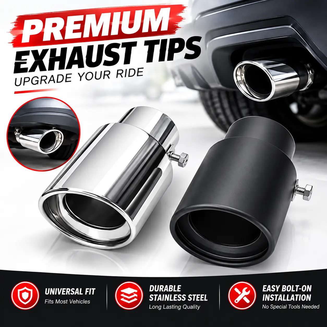 Stainless Steel Car Exhaust Tip Trim Decor, 63x85mm Bolt-On Drill-Free with Drain Hole, No Welding Required, Fits Most Cars, Silver/Matte Black Sporty Look