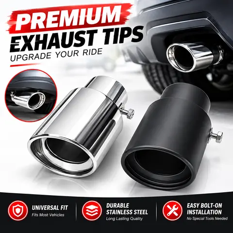 Stainless Steel Car Exhaust Tip Trim Decor, 63x85mm Bolt-On Drill-Free with Drain Hole, No Welding Required, Fits Most Cars, Silver/Matte Black Sporty Look