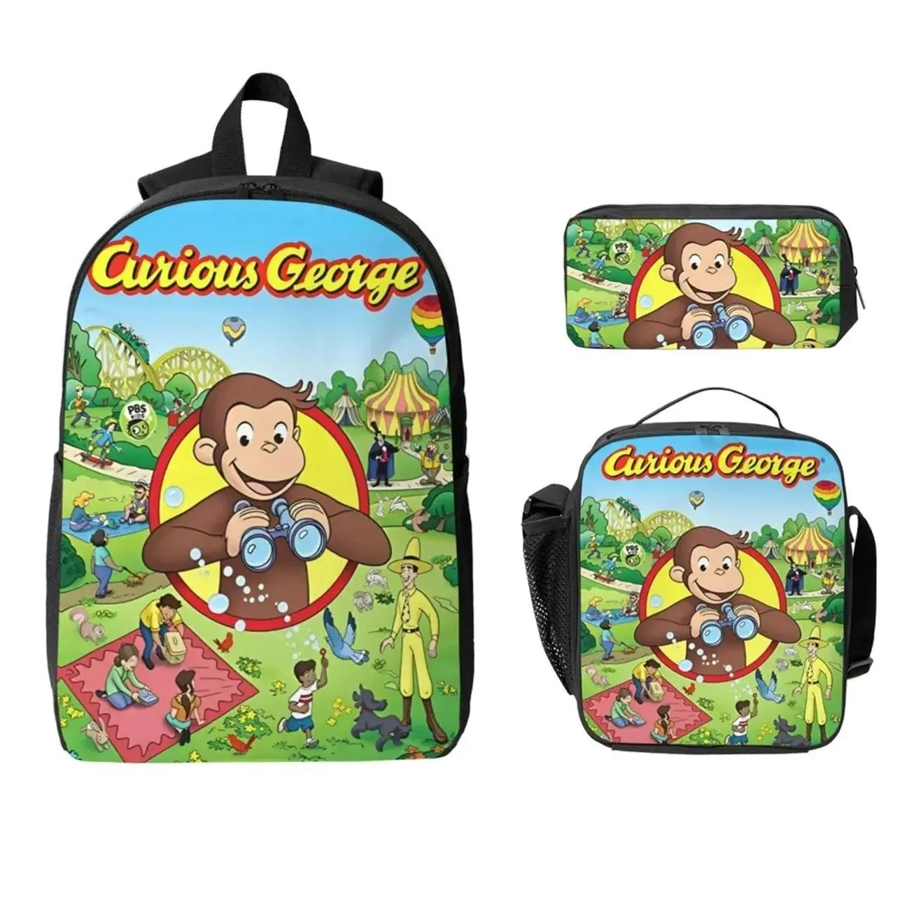 Generic Cute Yellow Curious Monkey Student Backpack Set | 3Pcs Schoolbag Insulated Lunch Box Pencil Case | Back to School Gift for Kids