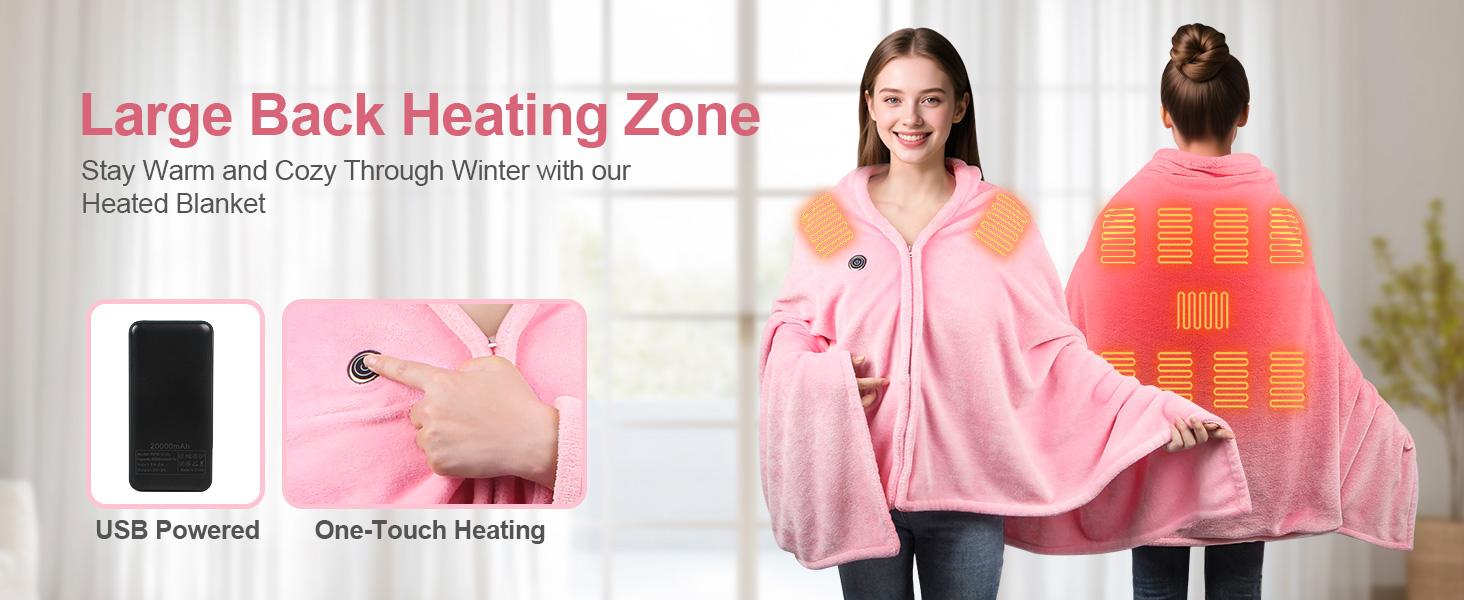 Portable USB Heated Blanket: Wearable Electric Poncho Shawl & 15s Fast Heating Wrap for Neck & Back (63"x33.5"), 3 Heat Levels, Machine Washable Soft Velvet for Office, Camping & Travel - Mother's Day & Birthday Gift