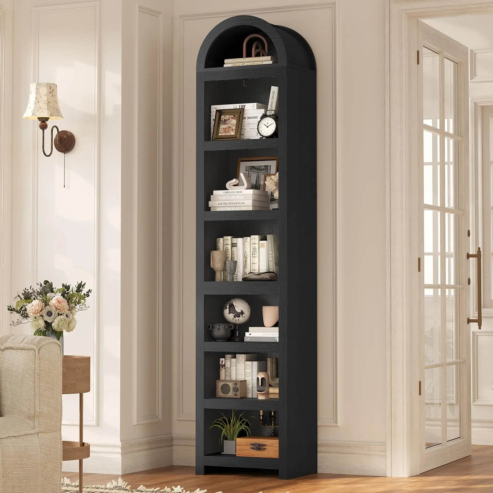 76" Tall Narrow Arched Bookshelf, 7-Tier Modern Bookshelf, Space-Saving Slim Storage Cabinet with Adjustable Shelves for Living Room,Kitchen,Home Office,Black