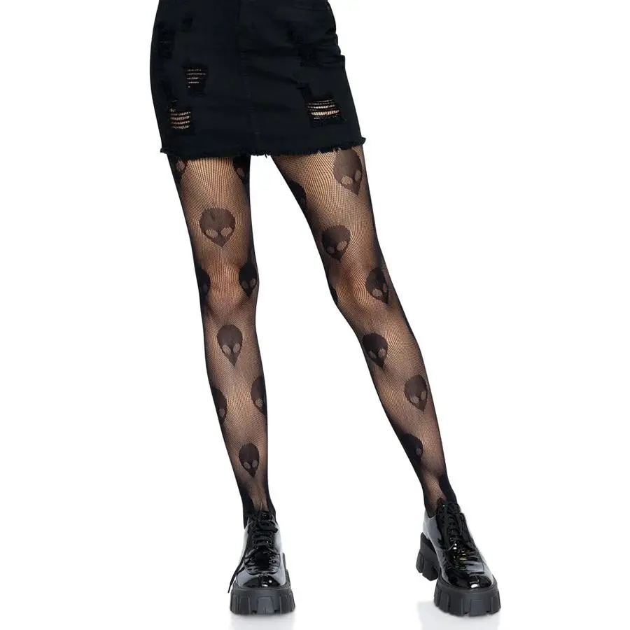 Women's Neon Unique Alien Graphic Print Stretch Mesh Fishnet Tights - Woven Pattern Legwear, Casual, Hand Wash, Drip Dry, For Raves Halloween, Do Not Bleach