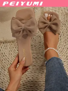 Summer New Women's Fashion Bow Slippers, PU Leather Slides, Casual Beach Sandals, Comfortable Soft Sole, Casual Wear, Daily Use, Stylish and Comfy Shoes, Daily Fashion Footwear