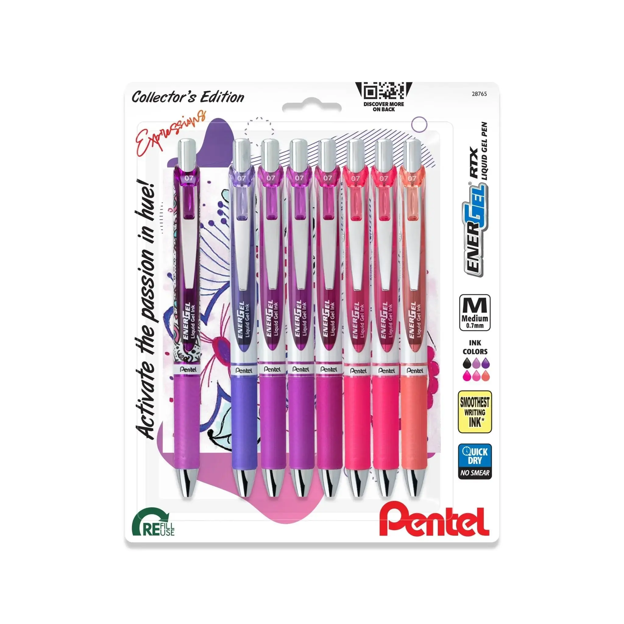 EnerGel Expressions, Passion Pack, Liquid Gel Pens, (0.7mm) Medium Line, Assorted Ink, 8-Pk 