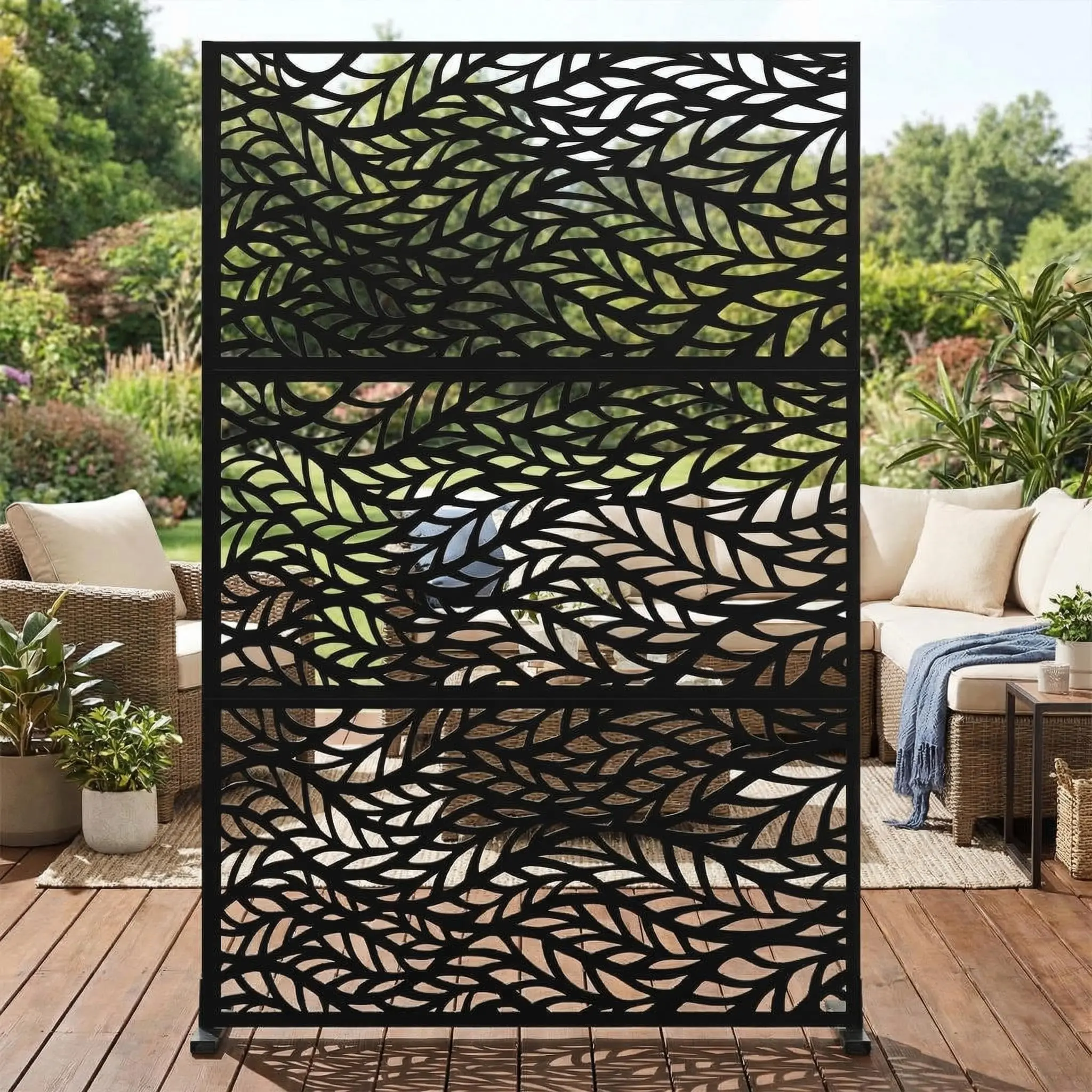 Garvee 72" h × 47" w Outdoor Privacy Screen, Laser Cut Metal Garden Divider Panel, Freestanding Weatherproof Privacy Fence for Patio Deck Backyard Balcony