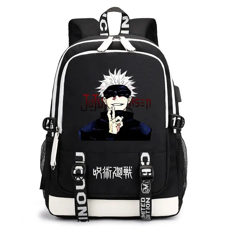 Anime Character Printed Backpack, Black White Contrast Casual School Backpack, Large Capacity Laptop Daypack with USB Charging Port, Adjustable Strap Student Bookbag for Teens Fans
