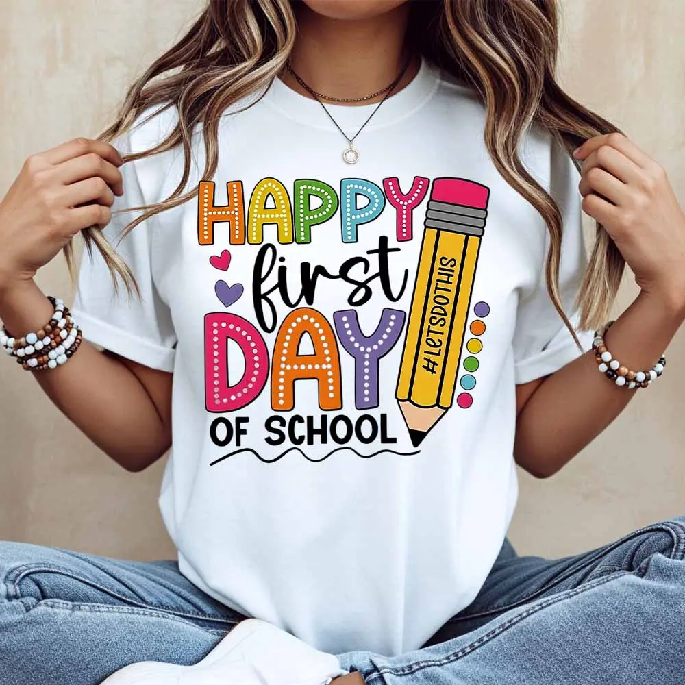 Happy First Day Of School With Pencil And Colorful Letters Print T Shirt Women Casual Short Sleeve Top Summer Fashion Trendy Graphic Tee