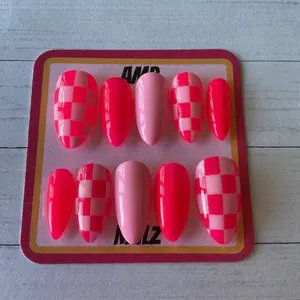 Hand painted pink checkered mismatched press on nails,checkered nails,y2k nails,pink press on nails, neon pink nails