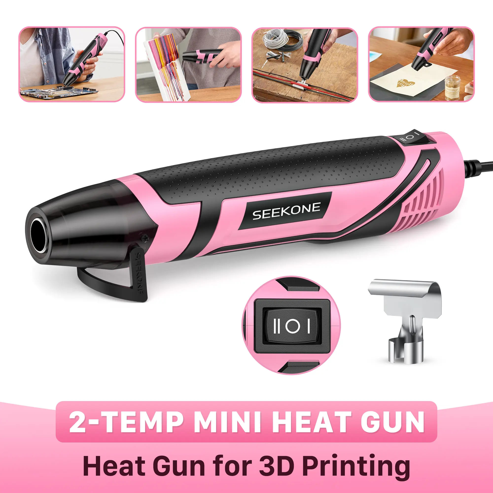 SEEKONE 350W Mini Heat Gun with 2-Temp Settings 500℉ & 842℉(260℃& 450℃) Fast Heat Hot Air Gun Tool with Overload Protection and Reflector Nozzle for 3D Printing, Crafting, and Shrink Tubing