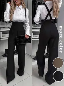 Women's Fall New Elegant Solid Color Cross Back Belted Pants, Simple Minimalist Fashion Casual Daily Wear Wide Leg Trousers