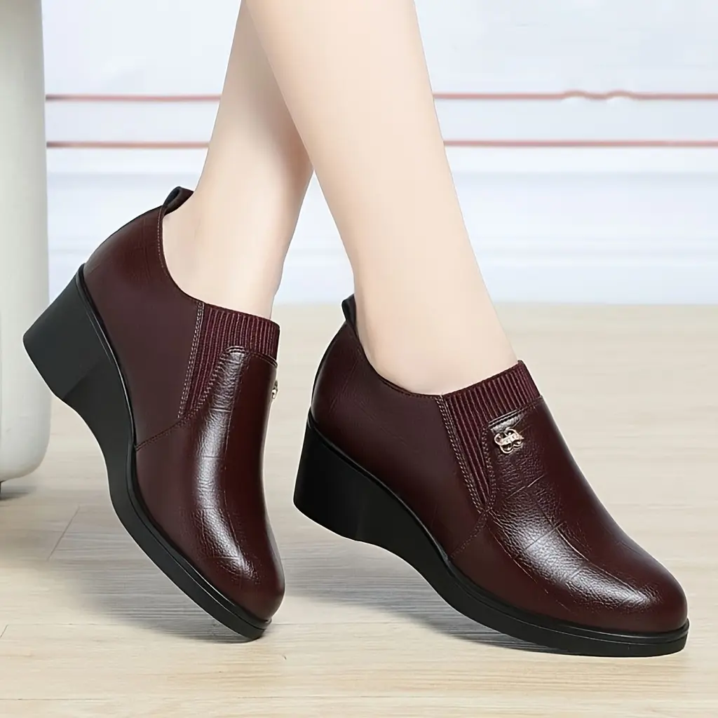 Platform Wedge - Black imitation comfortable work casual shoes with in-strap heightened heel, all-season universal wear-resistant TPU sole round toe deep bottom shoes One foot for casual women