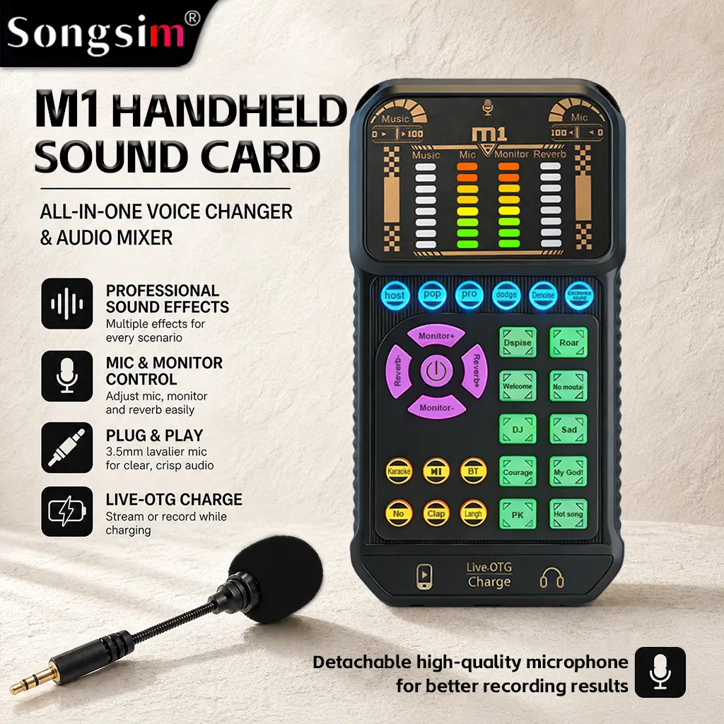 Songsim M1 Handheld Live Sound Card with Detachable Mic, Portable All-in-1 Audio Mixer Voice Changer, Bluetooth OTG Charging Audio Interface for Phone Live Streaming, Karaoke Recording