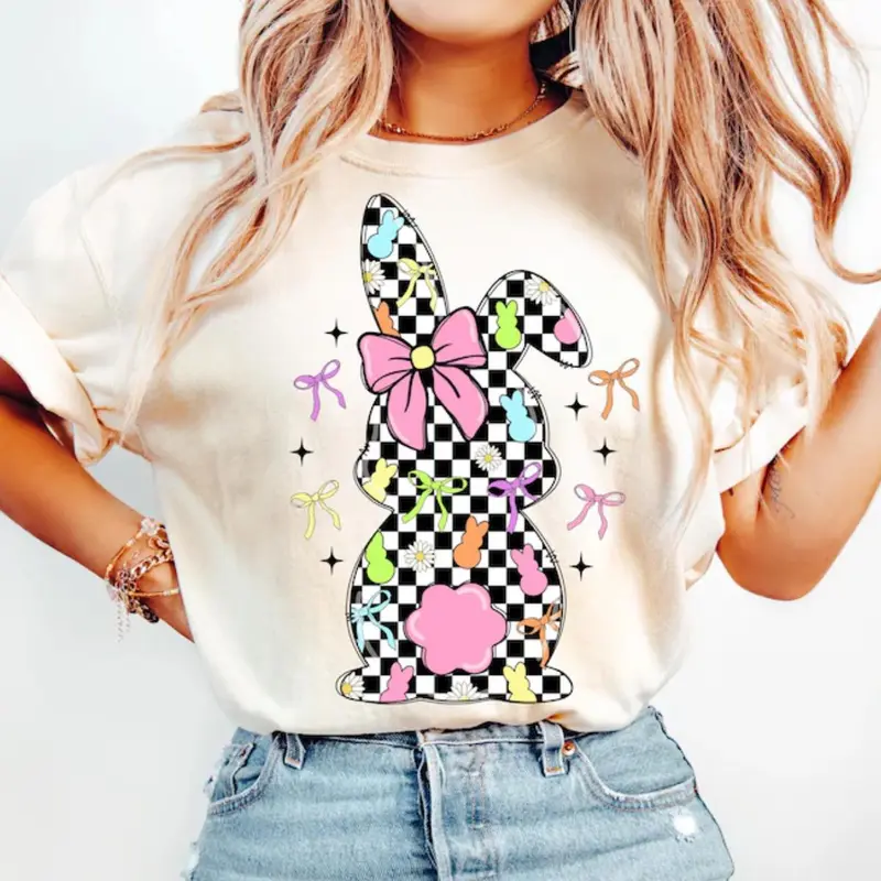 [Deal For You Days] Retro Easter Bunny Coquette Design, Happy Easter with Pink Bow, Retro Checkered Easter Art, Floral Spring Graphic for Girls, S-5XL