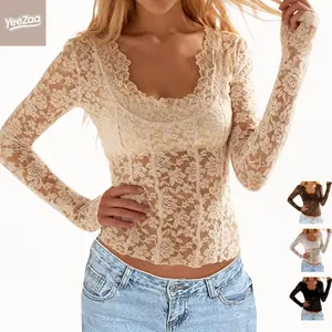 Lace Sheer Floral Top for Women YeeZaa 2026 Spring Summer Fashion Springfresh Long Sleeve Elegant Scoop Neck Scalloped Trim Forever Flattering Fit Feminine Top Slim Fit Night Out Blouse Shirt Clubwear
