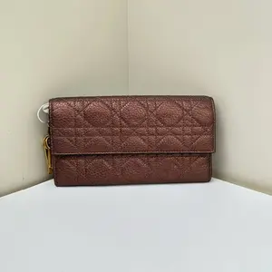 Pre-owned Dior Lambskin Wallet LadyDior Cannage Flap Quilted Burgundy CPU0519