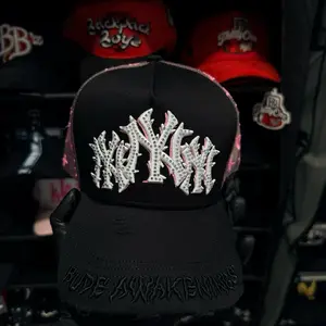 G5 1:1 Rude Awakenings Black Baseball Cap with Rhinestone Embroidery and Pink Trim for Casual Outings and Unique Fashion Statement