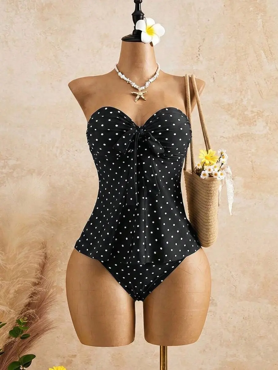 Bellisia Black & White Polka Dot Strapless Tankini Swimsuit | Sweetheart Bandeau Big Bow Peplum Top | Retro 50s Tummy Control 2PC Bathing Suit