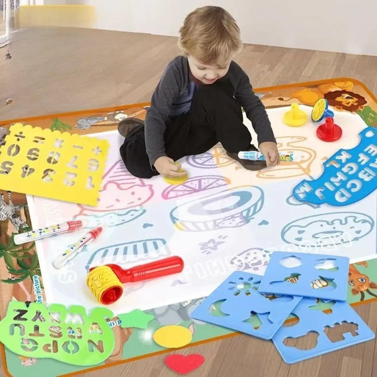 Magic Water Drawing Mat Painting Kit, 1 Set Drawing Doodle Pad with Stamps Templates & Water Pens, Creativity DIY Art Supplies, Fun Craft Supplies