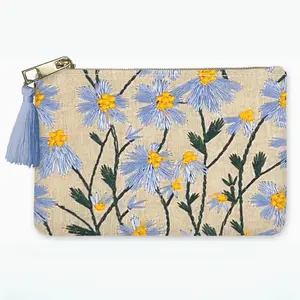 Periwinkle Bloom Embroidered Fabric Pouch – Floral Zipper Bag with Tassel
