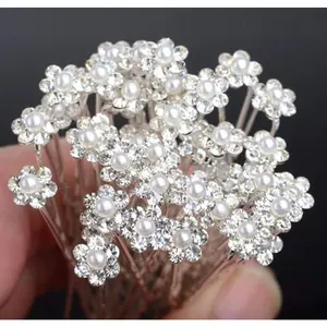 40 Pcs Bride Diamond Pearl Flower Tiara Wedding Bridesmaid Pearl Flower Hair Pin Delicate and Elegant Female U-pin Metal Hair Fork for Women's Hair Jewelry