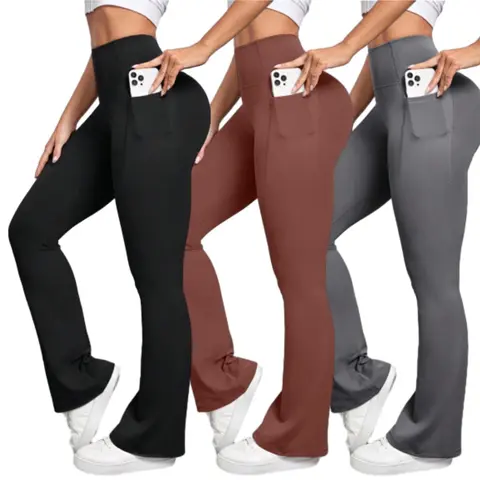 Women's High Waist Breathable Flare Leggings with Pockets - High Stretch Nylon Spandex, Quick Dry, Tummy Control, Lightweight, Regular Size, Soft Stretchy Sports Bottoms, All-Season Workout Gear, Leggings for Women