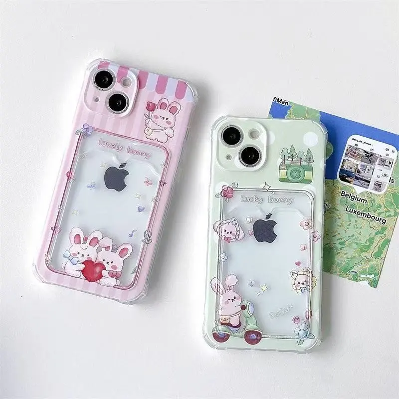 Cute cartoon bunny transparent card holder phone case, compatible with iPhone 17/16/15/14/13/12/11/PLUS/PRO/PROMAX and Samsung S21/S22/S23/S24/S25/FE/ULTRA/A55/A56/A12/A14/A15/A16/A32/A33/A34 models. A perfect holiday gift for your partner or daughter.