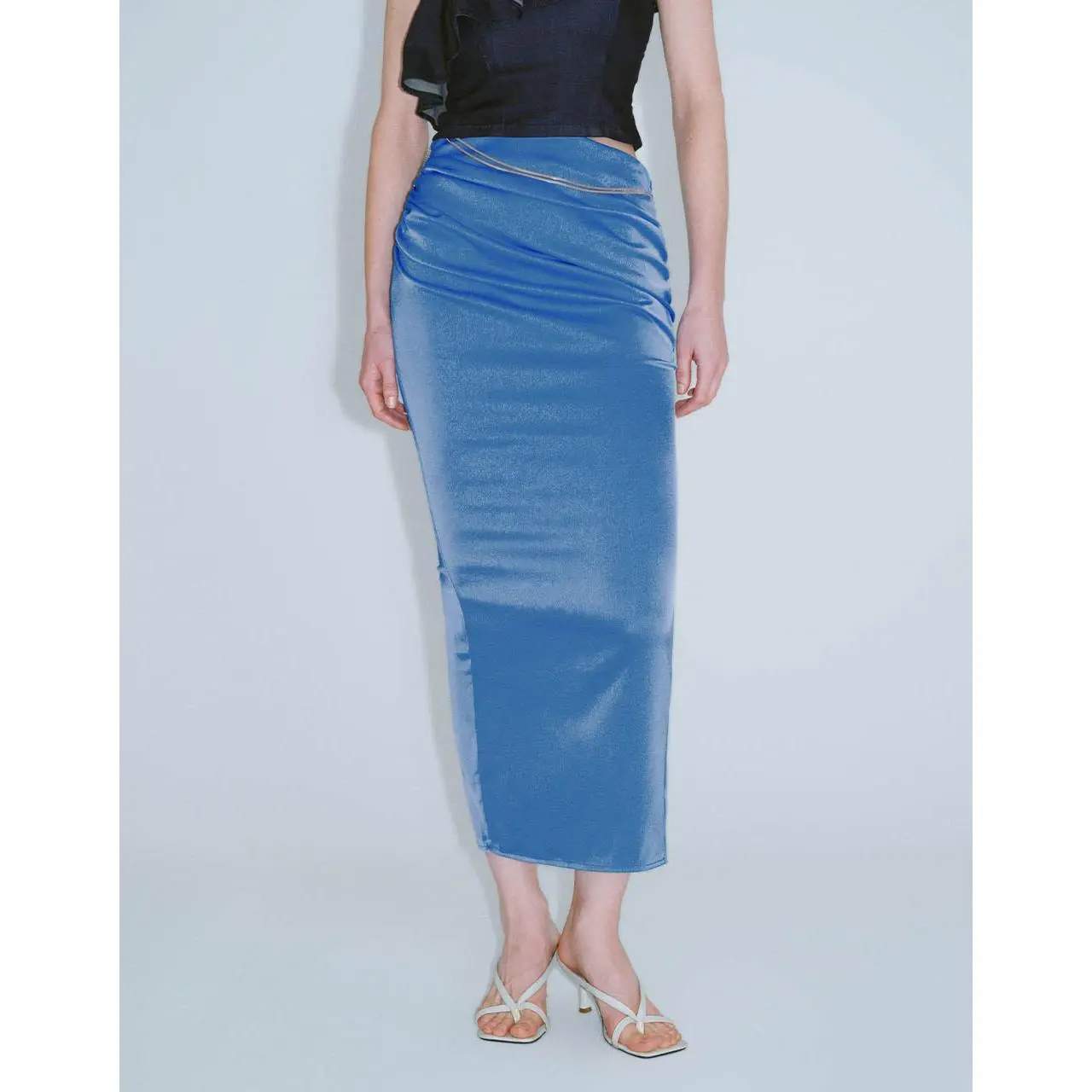 URBAN REVIVO 2026 Spring New Arrival Women's Minimalist Basic Straight-Cut Regular-Fit Polyester Maxi Skirt - Cobalt Blue, Chain Detail, Ruched, Thin Fabric, Flattering, Hip-Enhancing, Multi-Size UWG540042, Women's Bottoms, Chic, Steam Ironing Recommended