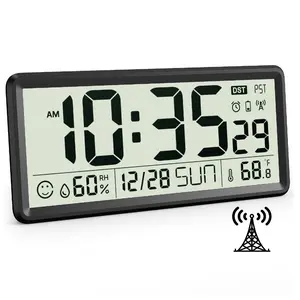 15 Inch Atomic Digital Wall Clock, Battery Operated, Auto Set, Big Display with Temperature, Humidity, Date, Day, Silent Non-Ticking, 4 Time Zones, DST, Wireless Self-Setting, Large Desk Clock Perfect for Home, Office or Classroom, Father's Day Gift