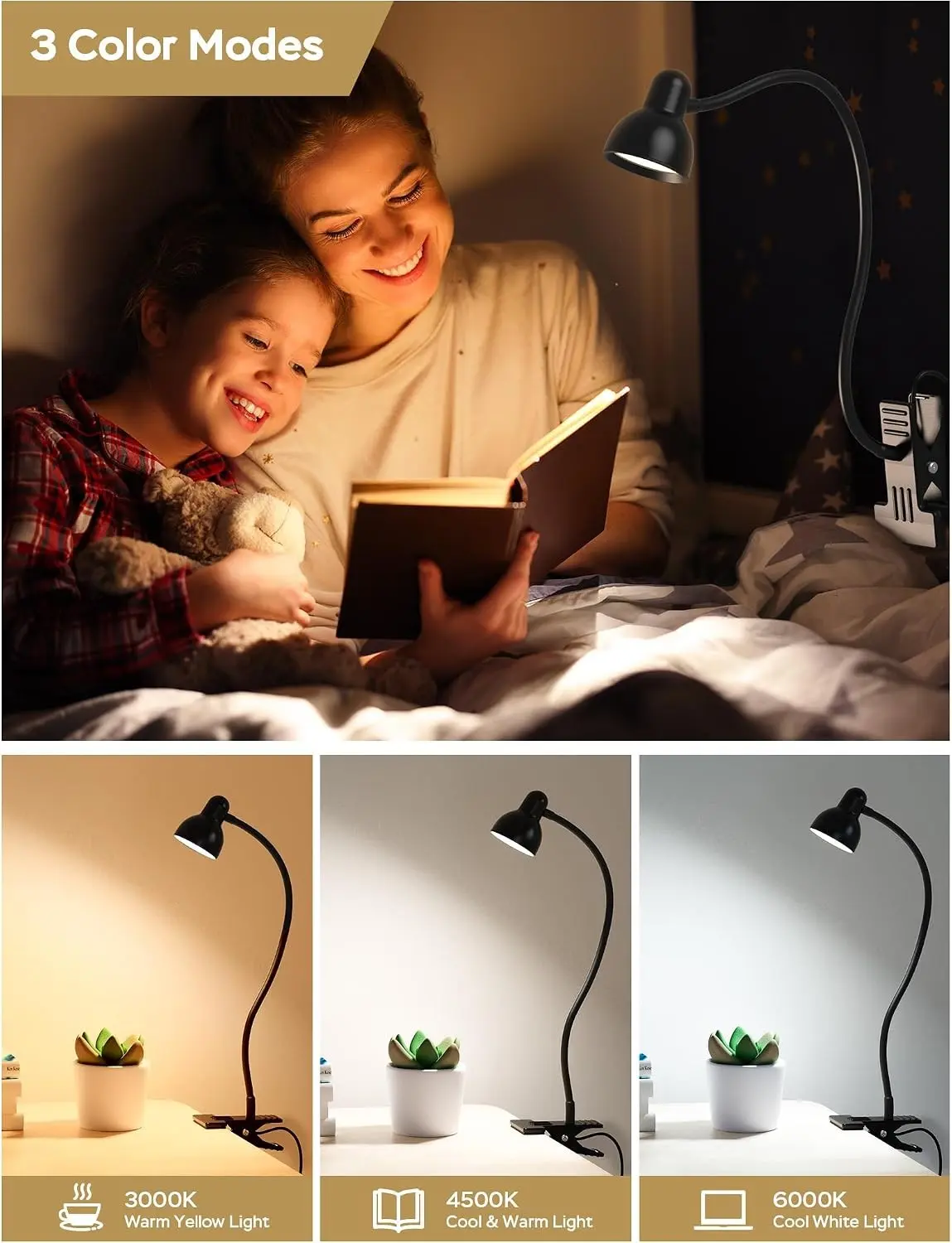 LiFMIRA Clip-on Reading Light - 3 Color Modes, 10 Dimmable Brightness, Eye Care Clamp Desk Lamp with Flexible Gooseneck for Reading in Bed, Desk, Headboard, Computer