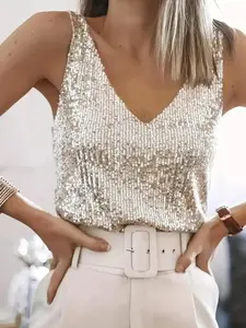 Women's Glitter Sequins V Neck Tank Top, Casual Fitted Sleeveless Top for Party Club Dating, Ladies Summer Clothes