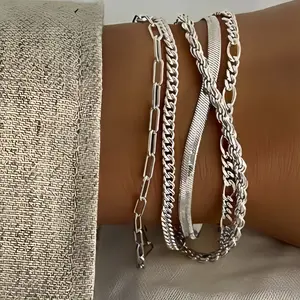Vintage Silver Chain Bracelet Set – 5Pcs Stackable Cuban & Paperclip Link Bracelets, Layered Jewelry for Everyday Wear, Gift for Her