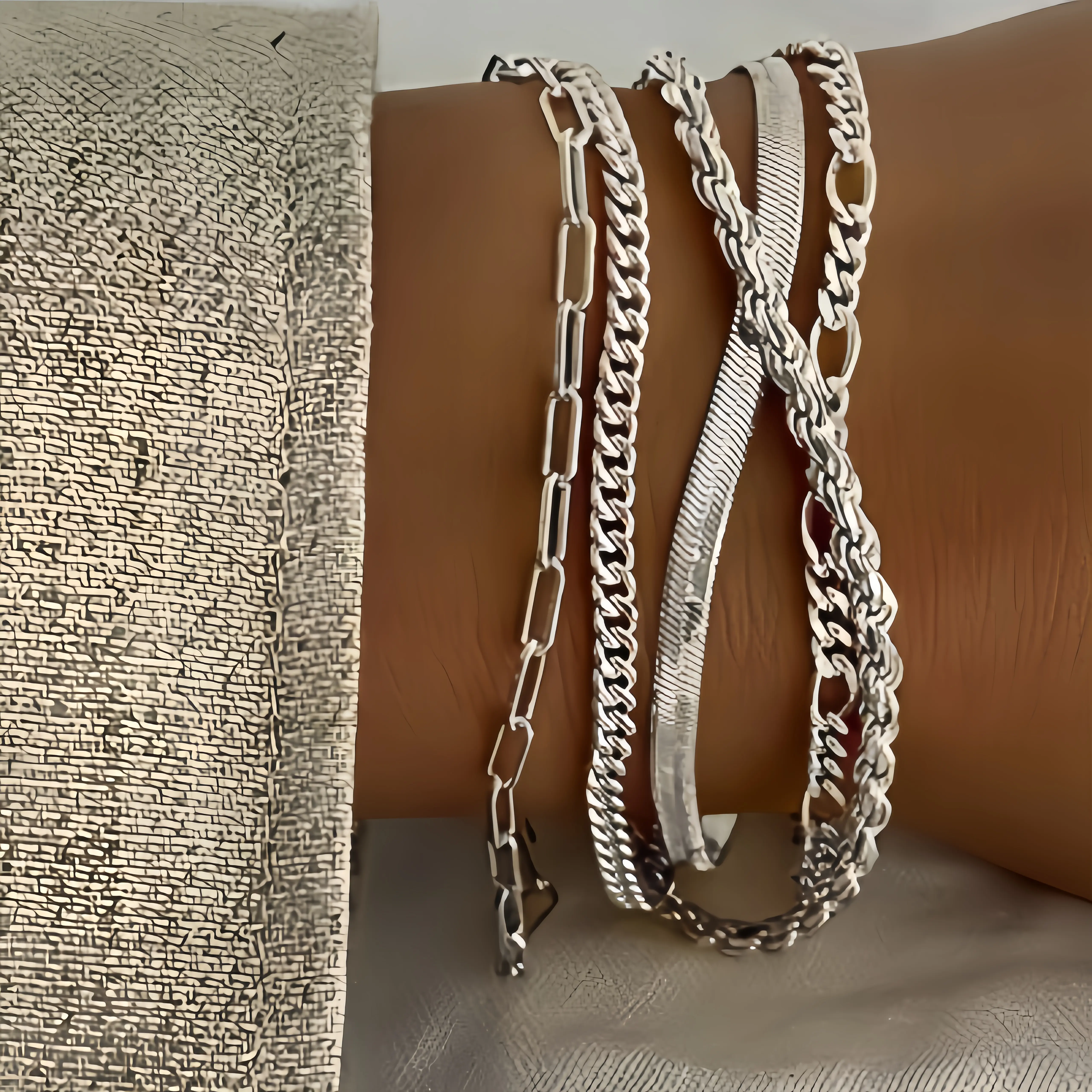 Vintage Silver Chain Bracelet Set – 5Pcs Stackable Cuban & Paperclip Link Bracelets, Layered Jewelry for Everyday Wear, Gift for Her