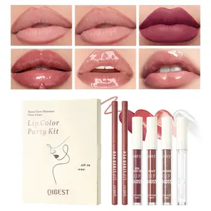 6 PCS Complete Lip Color Set, 2 Lip Liners, 1 Matte Liquid Lipstick, 2 Mirror Lip Glazes, 1 Transparent Lip Oil Balm, All-in-One Lip Makeup Kit for Full Coverage Glossy Looks