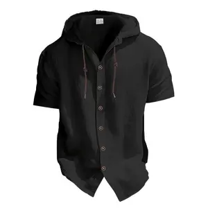 Men'S Casual Linen Hoodie, 95% Linen 5% Polyester, Short Sleeve, Regular Length, Loose Fit, Solid Color, Button Detail, Woven Sweatshirt with Drawstring Hood