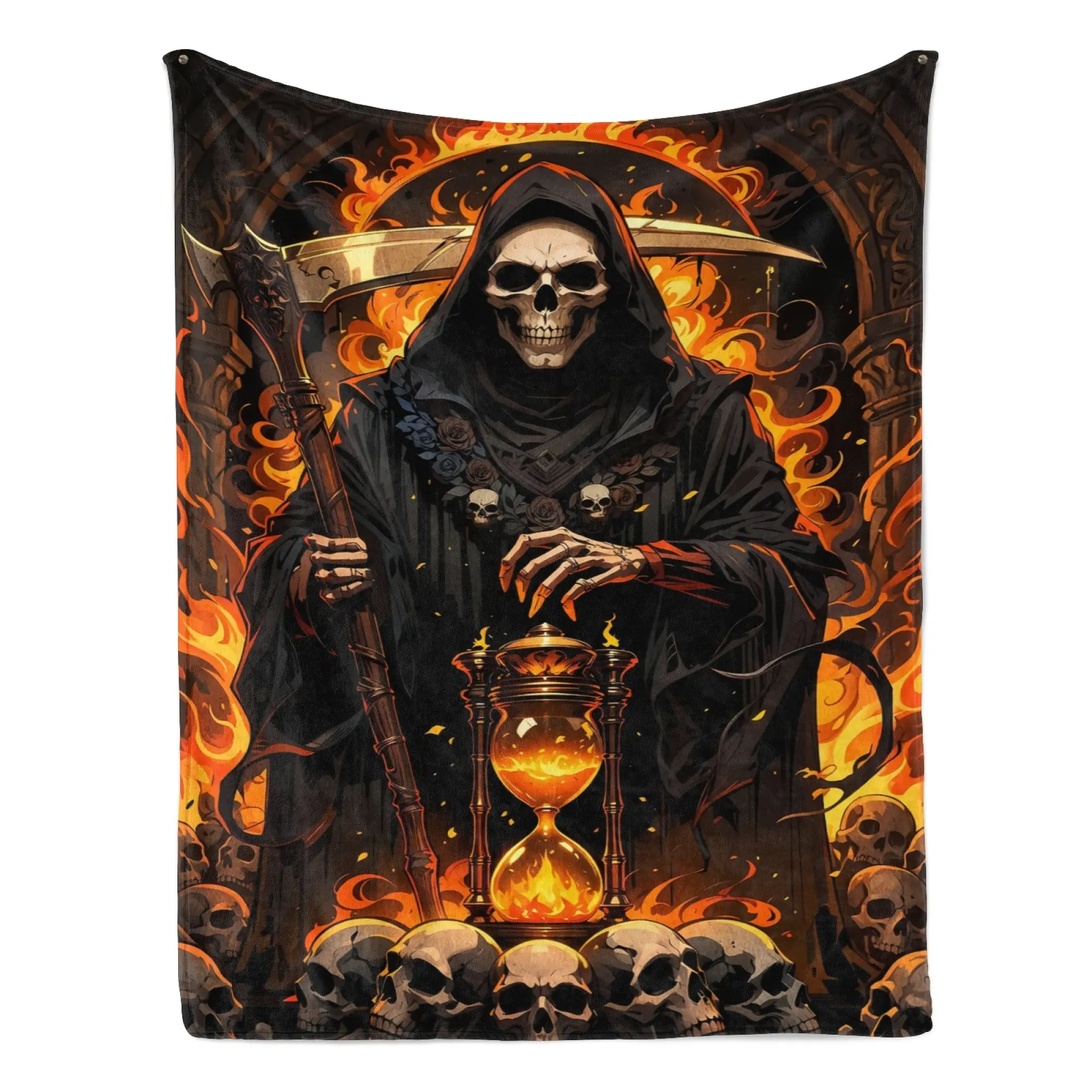 Grim Reaper Skeleton Tapestry Blanket Dark Gothic Death Scythe Hourglass Graphic Bed Spread Soft Flannel Throw Summer Air Conditioning Dorm Couch Medieval Skulls Horror Bedroom Decor Man Cave Gift Back to School