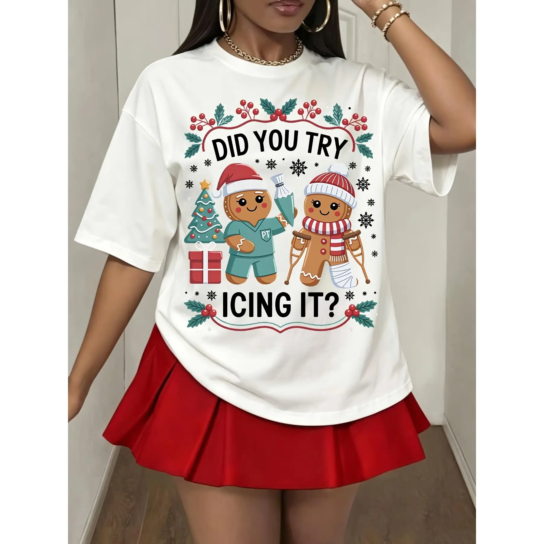 Funny Christmas T-Shirt, Did You Try Icing It Gingerbread Man Graphic Tee, Holiday Xmas Party Gift For Women Men, Winter Season Casual Wear