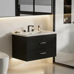 Floating Bathroom Vanity with Sink, Wall Mounted Modern Bathroom Vanity Cabinet with 2 Soft-Close Drawers, White Resin Basin Top, Water-Resistant Storage Cabinet