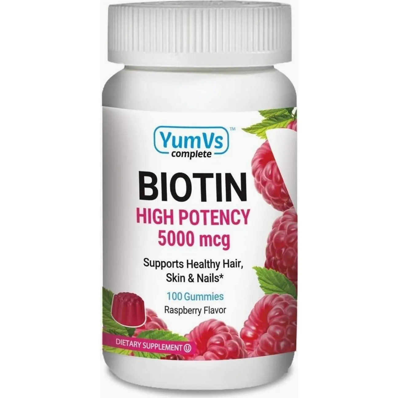 YUM-V's Biotin Gummies – High Potency Biotin Vitamins 5,000 mcg – Natural Raspberry Flavor Hair Vitamins – Kosher Hair Skin and Nails Gummies (100 Count)