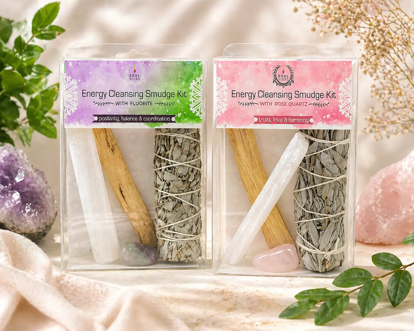 Energy Cleansing Smudge Kit with Fluorite or Rose Quartz