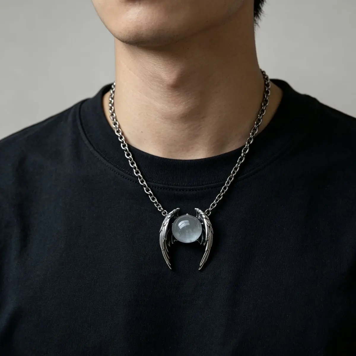 Angel Wing Pendant Necklace, Black Wing Wrap Clear Crystal Ball Necklace Gothic Vintage Alloy Jewelry for Men Women