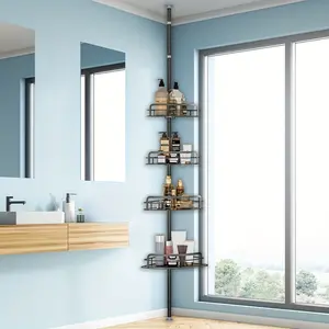 1 Set Rustproof Corner Shower Caddy Tension Bar 4 One Large Basket for Bathtub Shampoo Storage Organizer Bathroom Height Adjustable Shelf from 23.6 "to 114.5" with Towel Bar