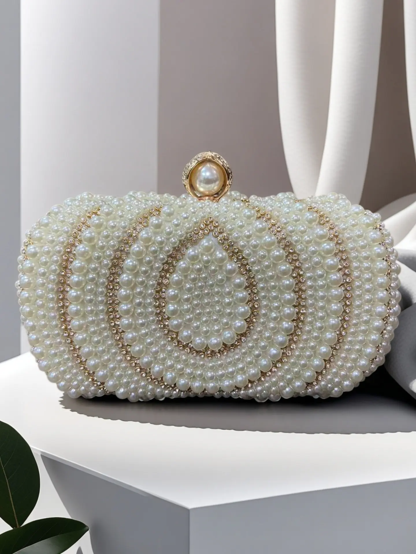 Pearl Embellished Oval Box Clutch, Rhinestone Trim, Elegant Evening Handbag, Party Wedding Purse Pearl Embellished Oval Box Clutch, Rhinestone Trim, Elegant Evening Handbag, Party Wedding Purse