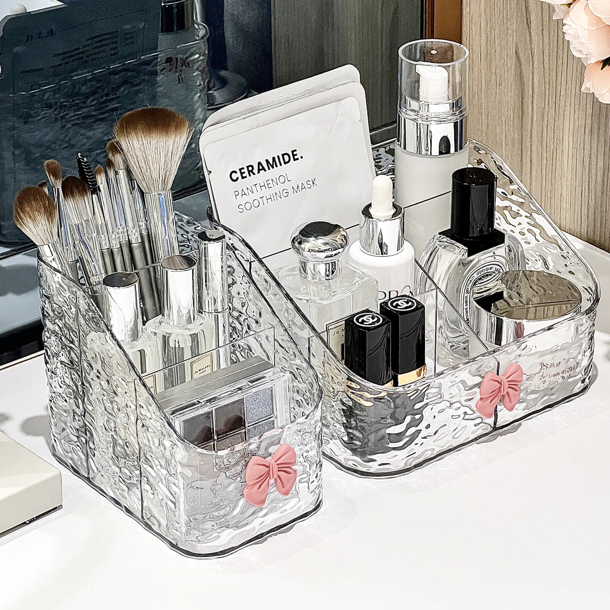 Water Ripple Clear Acrylic Makeup Organizer, Multi Compartment Large Capacity Vanity Cosmetic Storage Tray With Cute Bow Decor, Divided Desktop Holder For Lipstick Skincare Girly Bedroom Decor
