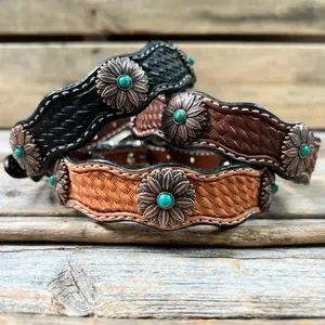 Genuine Leather Dog Collar With Copper Flower Conchos 10" to 22" W132S -DC6