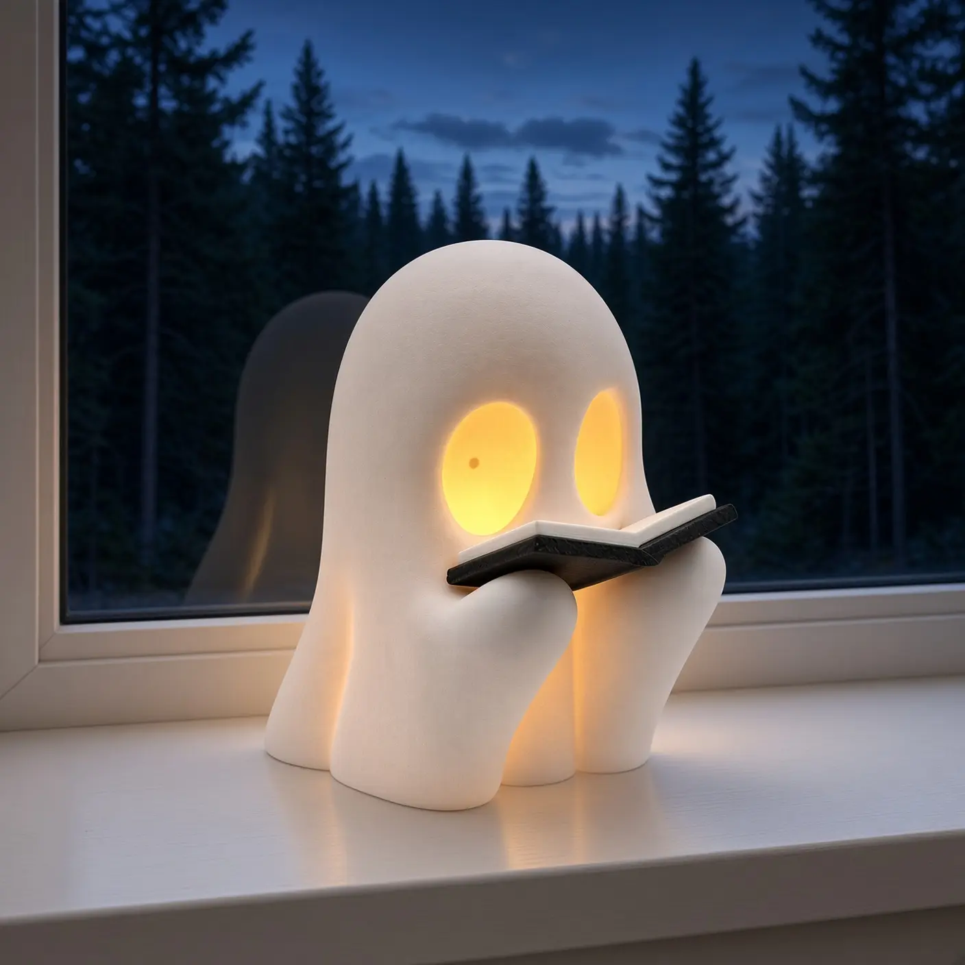 Cute Ghost Reading Pose LED Night Light with Glowing Eyes - Halloween Party Decor for Book Lovers