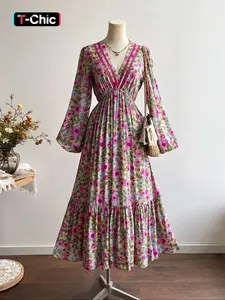 Vintage Floral Puff Sleeve Long Dress, Bohemian Style V Neck Cruise Women's Fashion, Elegant Long Floral Print Dress for Ladies, Boho Woven, Casual Wear, Womenswear
