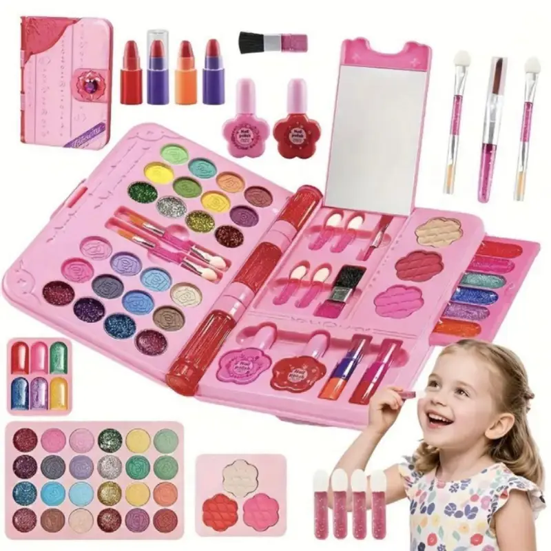 Girls' Multi-Layered Compact Makeup Bag - Washable, Portable Folding, Pigment-Infused Pretend Play Cosmetics, Indoor Recreation Supplies (Leisure & Outdoor Category)