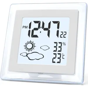 Small Clock Battery Operated Alarm Clock with Auto Backlight, Indoor Temperature Humidity, 12/24H, Date, Travel Alarm Clock Desk Clock Small Clock for Shelf (Battery Included)