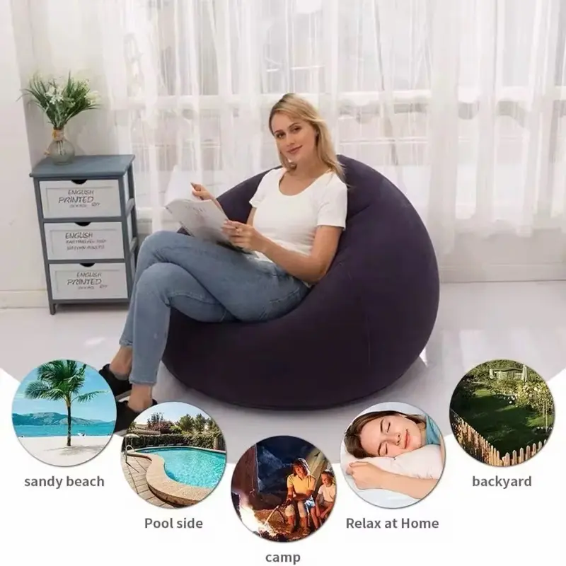 Spherical Flocking Inflatable Sofa Chair 106x106x60CM with Air Pump for Living Room Outdoor Camping Comfortable & Durable